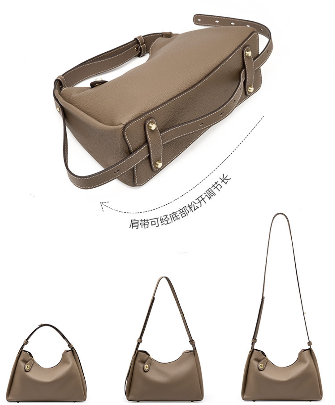 AB-28 leather shoulder bag in taupe with one shoulder strap and multiple pockets