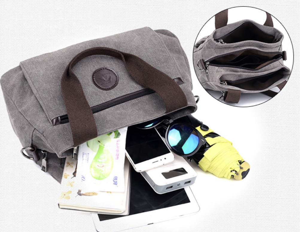 Soft canvas tote bag by AB-28 in gray with zip pocket, phone pocket, and document storage