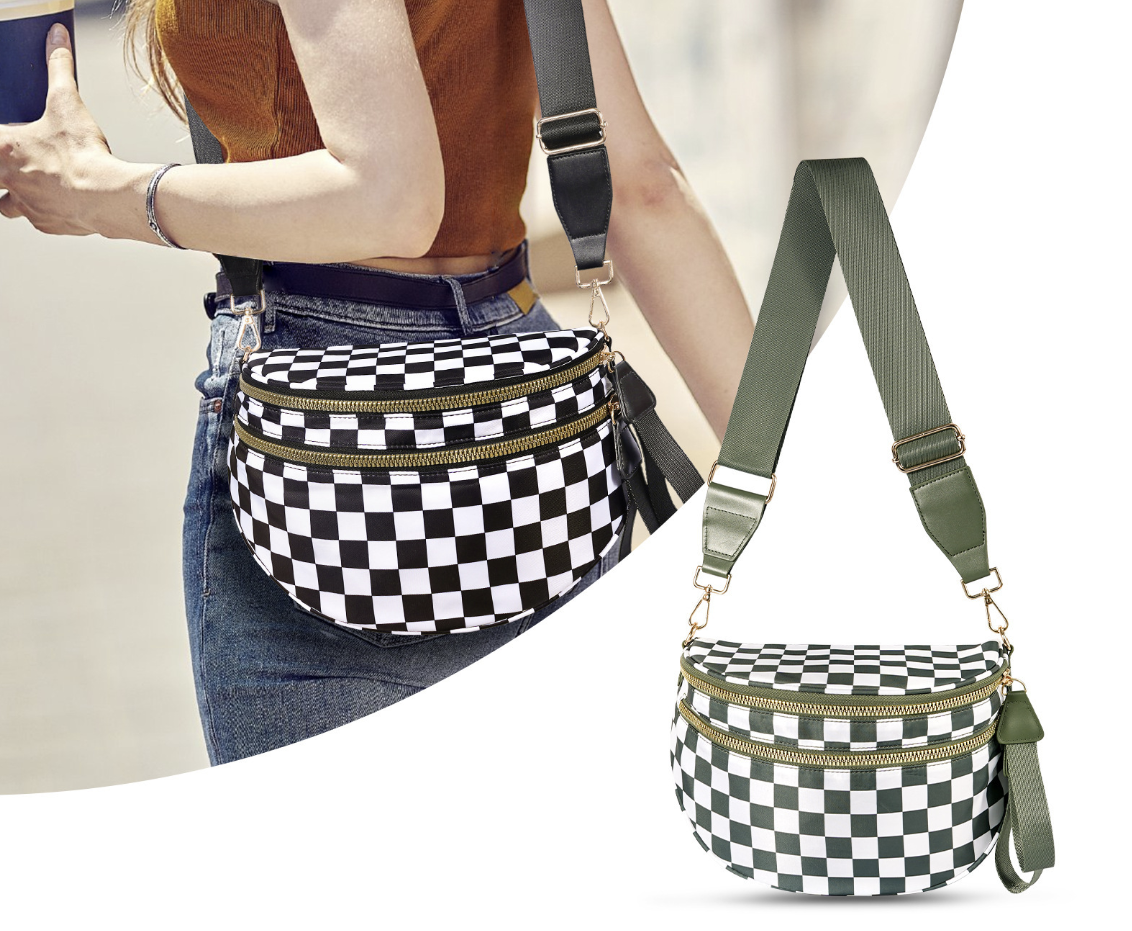AB-28 crossbody bag polyester with zip closure and checkered black and white front pocket