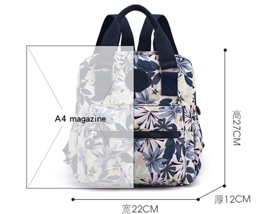 Dropshipping nylon backpack with laptop compartment 14 inch, navy and floral print, zip opening