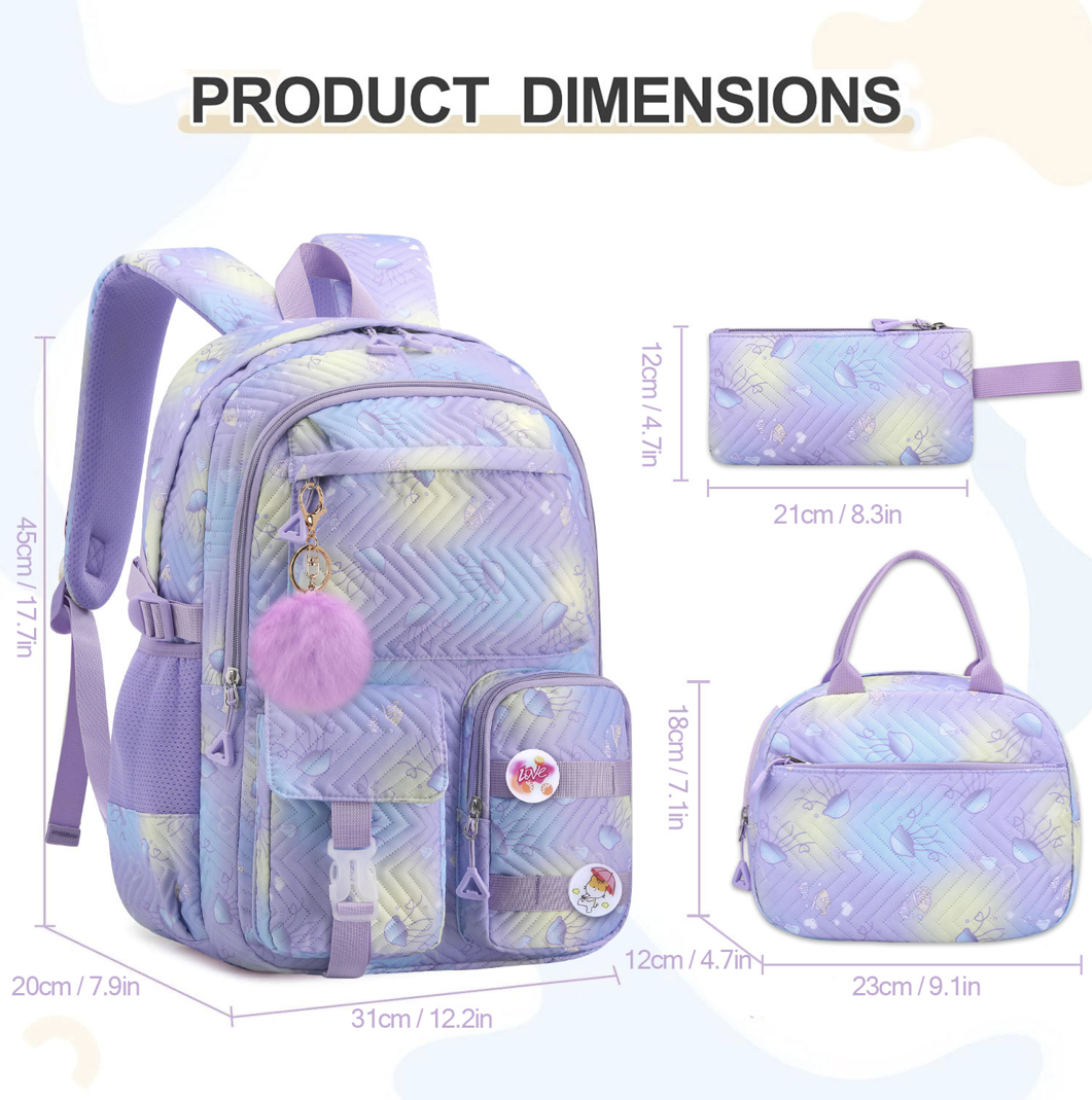 סט תיקים לילדים 3 חלקים קל ונוח dropshipping backpack set in lavender Oxford fabric with spine support