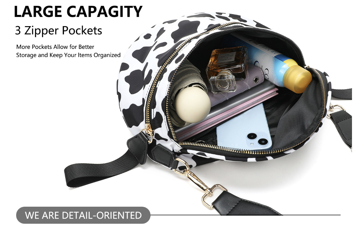 Large crossbody bag by AB-28 in black and white polyester with zip closure and zip inner pocket