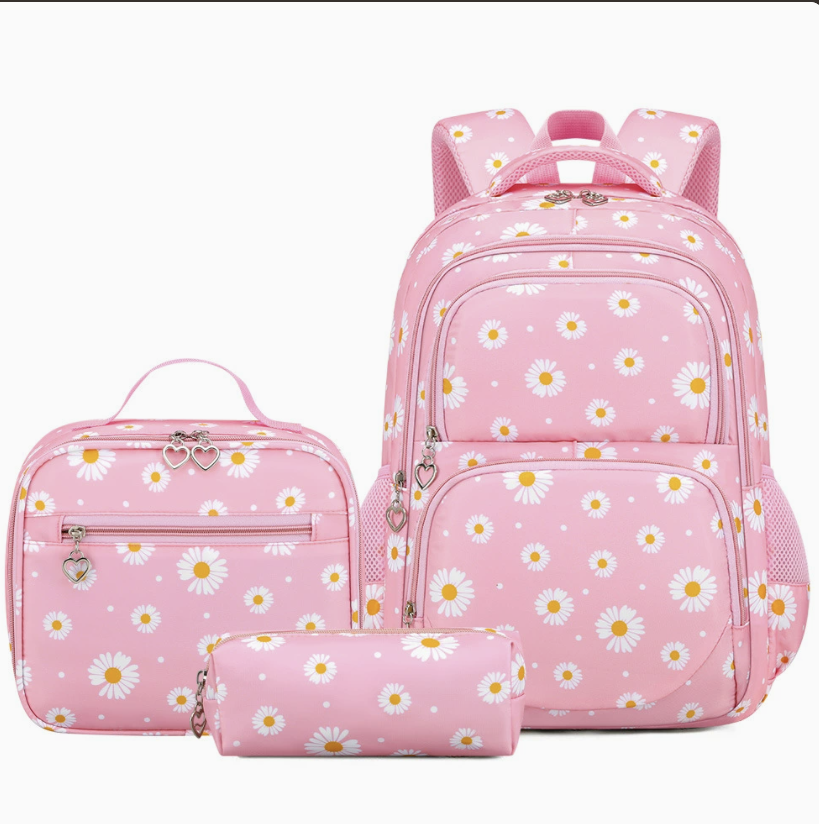 AB-28 kids school bag set in pink nylon with curved shoulder straps, backpack, side bag, pencil case