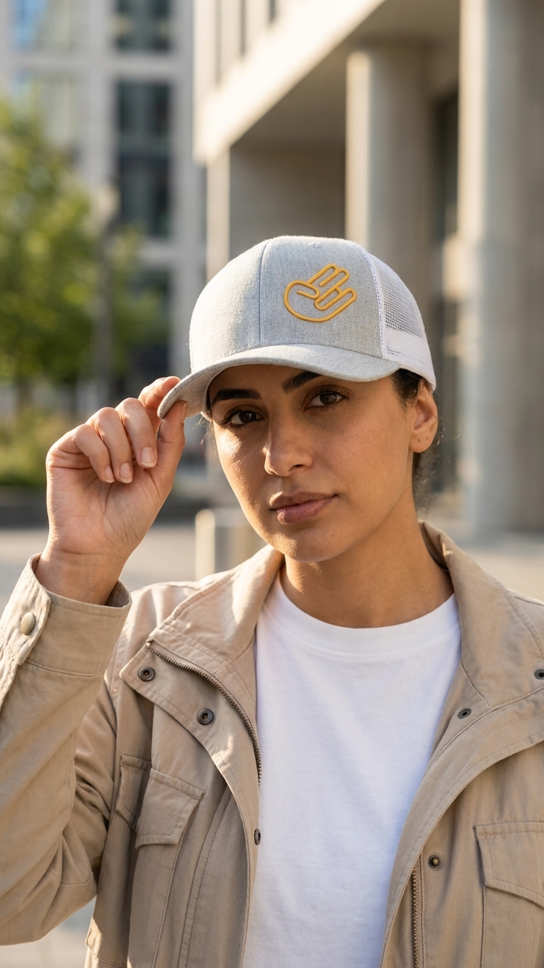 A woman wearing a light gray and white trucker-style cap with a gold hand logo, paired with a beige jacket and white t-shirt, posing outdoors in front of a modern building.