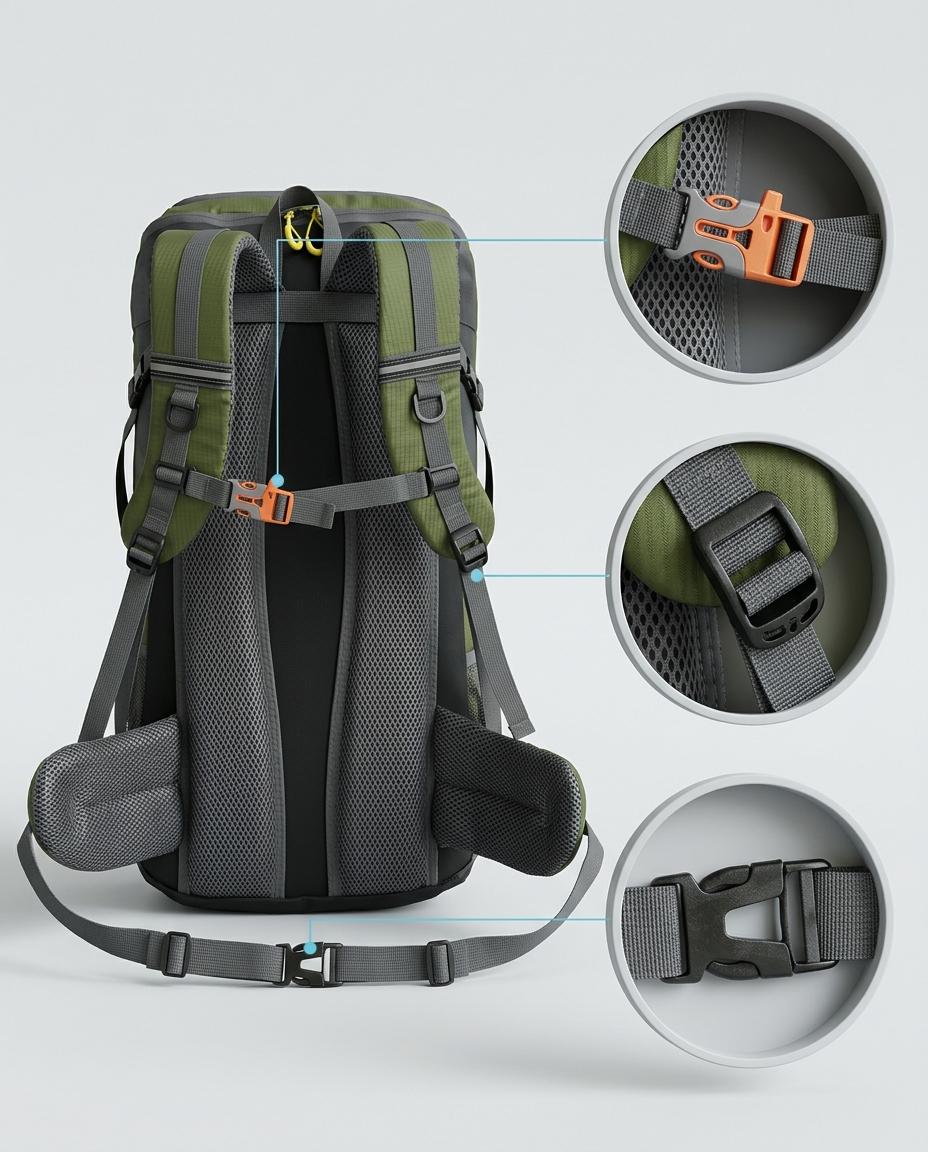 Back view of an olive green and dark gray hiking backpack with three circular detail callouts showing buckle and mesh close-ups, on a light gray background.